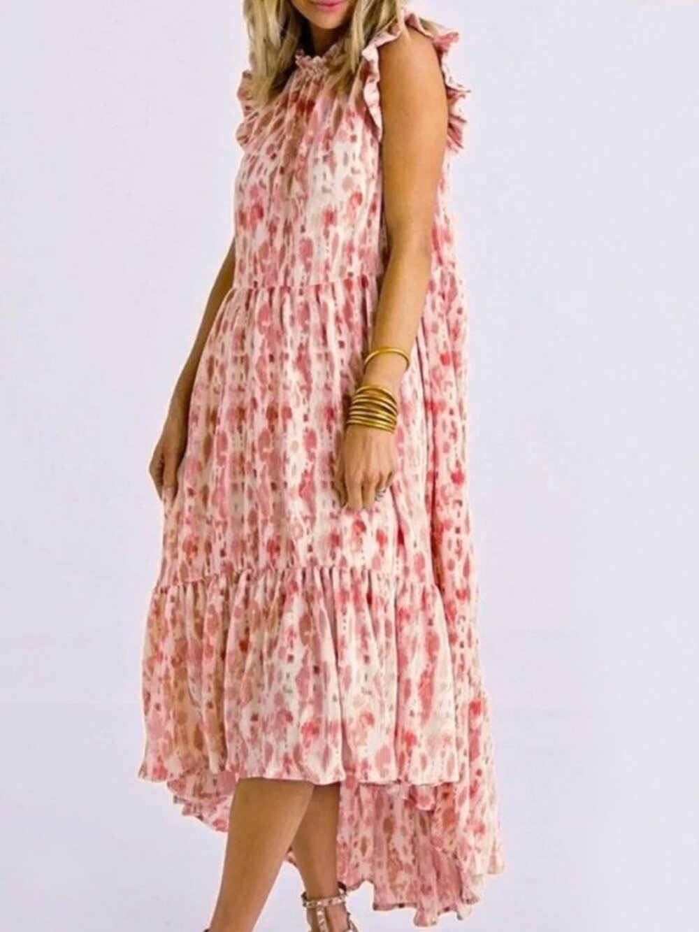 Karlie Pleated High Low Flutter Sleeve Maxi Dress